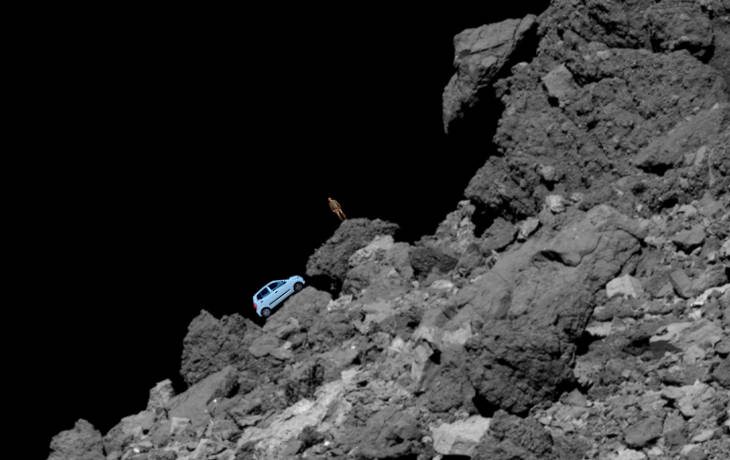 A view of the asteroid Bennu 
							with the integration of a small car and of an individual at scale. Credit for the original image of Bennu: 
							NASA/OSIRIS REx. Credit for the original view of the car and of the individual:	Marc Lafferre, 2025. Montage 
							credit: Marc Lafferre, 2025.