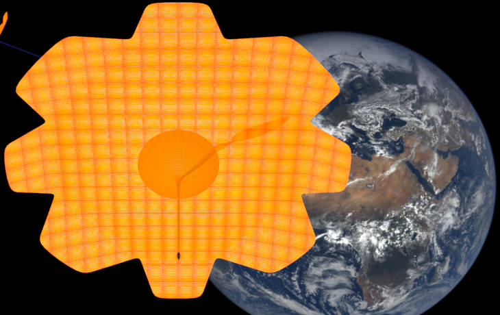A portion of an 
                            artist's impression of a probe mobilizing a solar sail and propelled by a laser. Credit for the 
                            original image of the Earth: NASA/DSCOVR/EPIC. Montage credit: Marc Lafferre, 2016.