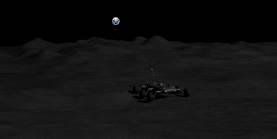 A portion of a 
                                        simulated view of a rover evolving on the surface of the Moon with a bright Earth on the 
                                        horizon. Credit for the original image of the Earth: NASA/DSCOVR/EPIC. Montage credit: 
                                        Marc Lafferre, 2015.
