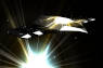 A futuristic spaceship close to a supernova. Credit for the original image: Marc Lafferre, 2010.