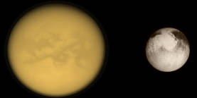 A mosaic revealing Titan and Pluto at scale.  Credit for the 
                                        original view of Titan: NASA/JPL-Caltech/Space Science Institute. Credit for the original 
										view of Pluto: NASA/Johns Hopkins University Applied Physics Laboratory/Southwest Research 
										Institute. Montage credit: Marc Lafferre, 2016.
