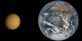 A mosaic of 
										Saturn's largest moon Titan and the Earth at scale. The colors for Titan are artificial. 
										Credit for the original image of Titan: NASA/JPL-Caltech/Space Science Institute. 
										Credit for the original view of the Earth: DSCOVR/EPIC. Montage credit: Marc Lafferre, 2021.
